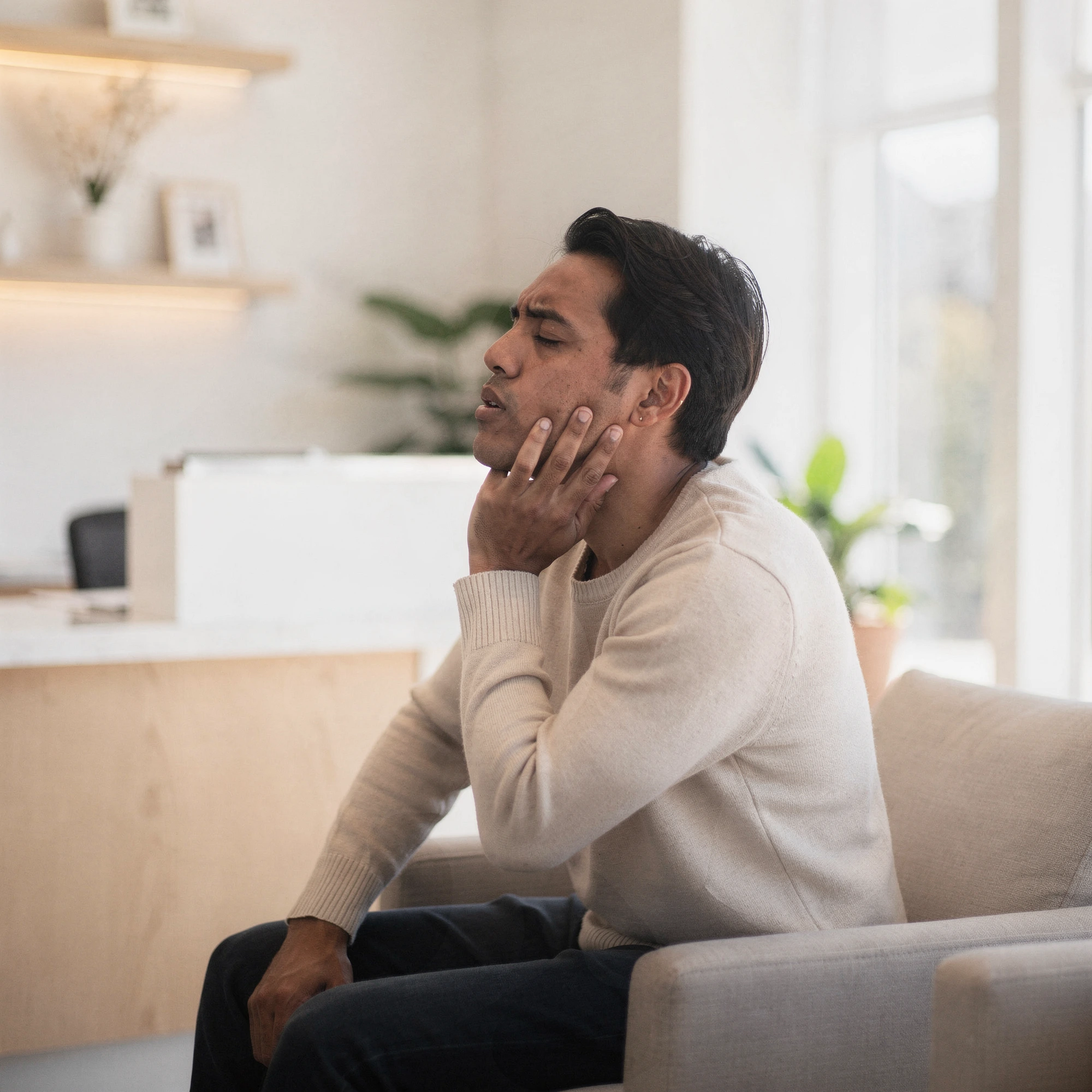 Man holding his jaw in pain while sitting on a couch at home